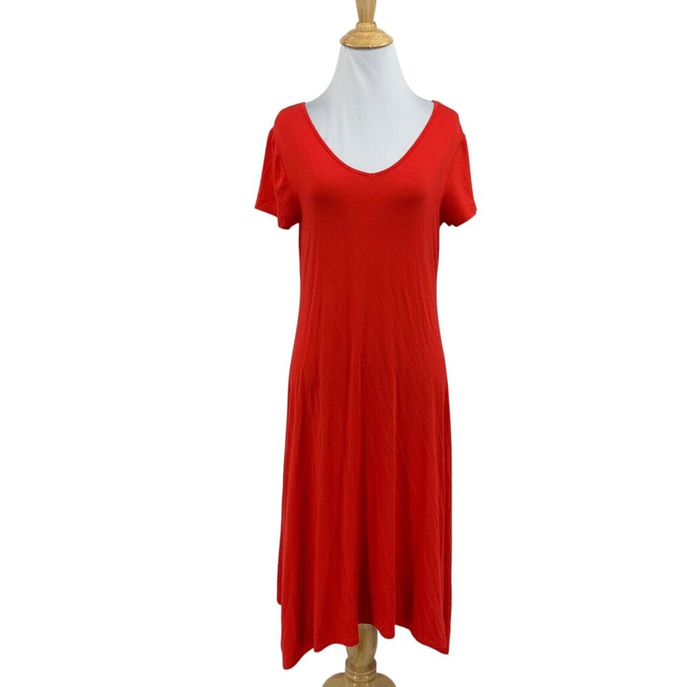 Chicos Tee Dress Womens 0 Red Essential Short Sleeves Lace Up Back Jersey Midi
